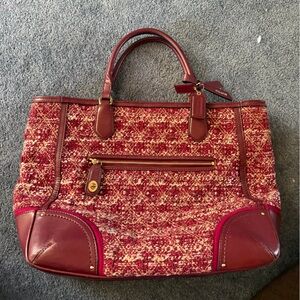 Coach Red Tweed Tote with Leather Trim